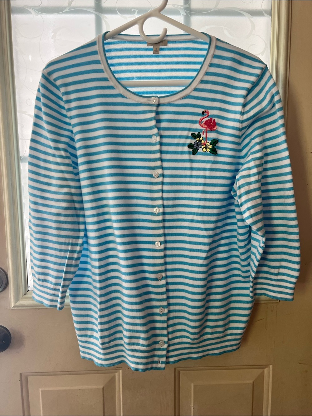 Talbots sz 1x aqua blue and white striped 3/4 sleeve button down sweater.